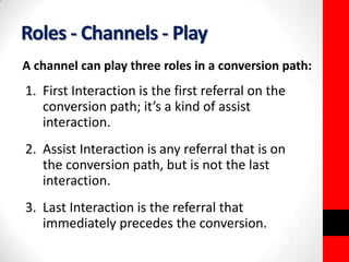 Roles - Channels - Play 
A channel can play three roles in a conversion path: 
1. First Interaction is the first referral on the 
conversion path; it’s a kind of assist 
interaction. 
2. Assist Interaction is any referral that is on 
the conversion path, but is not the last 
interaction. 
3. Last Interaction is the referral that 
immediately precedes the conversion. 
 