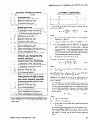 TABLE 2.4.3.1-RESPONSE COEFFICIENTS
1
R Cd SYSTEM
Bearing wall systems
6.5 4 Light-framed walls with shear panels
4.5 4 Reinforced concrete shear walls
3.5 3 Reinforced masonry shear walls
4 3.5 Concentrically braced frames
1.25 1.25 Unreinforced masonry shear walls
Building frame systems
8 4 Eccentrically braced frames, moment-resisting
connections at columns away from link
7 4 Eccentrically braced frames, nonmoment-resisting
connections at columns away from link
7 4.5 Light-framed walls with shear panels
5 4.5 Concentrically braced frames
5.5 5 Reinforced concrete shear walls
4.5 4 Reinforced masonry shear walls
3.5 3 Tension-only braced frames
1.5 1.5 Unreinforced masonry shear walls
Moment-resisting frame system
8 5.5 Special moment frames of steel
8 5.5 Special moment frames of reinforced concrete
4 3.5 Intermediate moment frames of reinforced concrete
4.5 4 Ordinary moment frames of steel
2 2 Ordinary moment frames of reinforced concrete
Dual system with a special moment frame
capable of resisting at least 25 percent of
prescribed seismic forces.
Complementary seismic-resisting elements
8 4 Eccentrically braced frames, moment-resisting
connections at columns away from link
7 4 Eccentrically braced frames, nonmoment-resisting
connections at columns away from link
6 5 Concentrically braced frames
8 6.5 Reinforced concrete shear walls
6.5 5.5 Reinforced masonry shear walls
8 5 Wood sheathed shear panels
Dual system with an intermediate moment
frame of reinforced concrete or an ordinary
moment frame of steel capable of resisting at
least 25 percent of prescribed seismic forces.
Complementary seismic-resisting elements
5 4.5 Concentrically braced frames
6 5 Reinforced concrete shear walls
5 4.5 Reinforced masonry shear walls
7 4.5 Wood sheathed shear panels
Inverted pendulum structures
2.5 2.5 Special moment frames of structural steel
2.5 2.5 Special moment frames of reinforced concrete
1.25 1.25 Ordinary moment frames of structural steel
1. Some building systems such as precast moment resisting frames are not
listed in Table 2.4.3.1. When an unlisted building system must be evaluated,
the evaluator shall perform an alternate analysis per Section 2.7 or place the
building in SPC 1.
2013 CALIFORNIA ADMINISTRATIVE CODE
SEISMIC EVALUATION PROCEDURES FOR HOSPITAL BUILDINGS
TABLE 2.4.3.2-COEFFICIENT FOR
UPPER LIMIT ON CALCULATED PERIOD
Av Ca
0.4 1.2
0.3 1.3
0.2 1.4
The seismic coefficient (C) for existing buildings shall be
determined as follows:
C, 0.67( ~:2;n = O;~~/~S (2-4)
where:
Av the peak velocity-related acceleration coefficient given
in Figures 2.1 and 2.1a.
R = a response modification coefficientfrom Table 2.4.3.1.
S = the site coefficient given in Table 2.1. In locations
where the soil properties are not known in sufficient
detail to determine the Soil Profile Type S3 shall be
used. Soil Profile Type S4 need not be assumed unless
OSHPD determines that Soil Profile Type S4 may be
present at the site, orin the event the Soil Profile Type S4
is established by the geotechnical engineer.
T the fundamental period of the building.
The value of Cs need not be greater than:
C = 0.85(2.5Aa ) = 2.1
2A
a
S R R
(2-5)
where:
Aa = the effective peak acceleration coefficient given in Fig-
ures 2.1 and 2.1a.
2.4.3.2 Period. For use in Equation 2-4, the value of T shall be
calculated using one of the following methods:
Method 1. The value of T may be taken to be equal to the
approximate fundamental period of the building (T,) deter-
mined as follows:
a. For buildings in which the lateral-foree-resisting system
consists of moment-resisting frames capable of resisting
100 percent ofthe required lateral force and such frames are
not enclosed or adjoined by more rigid components tending
to prevent the frames from deflecting when subjected to
seismic forces:
(2-6a)
where:
0.035 for steel frames.
CT 0.030 for concrete frames.
h/l = the height in feet above the base to the highest level of
the building.
b. As an alternate for concrete and steel moment-resist-
ing-frame buildings of 12 stories or fewer with a minimum
story height of 10 feet, the equation Ta = 0.10N, whereN=
the number of stories, may be used in lieu of Equation
2-6a.
91
 