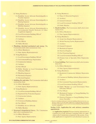 ADMINISTRATIVE REGULATIONS OF-THE CALIFORNIA BUILDING STANDARDS COMMISSION
B. Voting Member( )
(1) Di ability Acce Advocate Knowledgeable in
Visually Impaired
(2) Disability Acce s Advocate Knowledgeable in
Hearing Impaired
(3) Di ability Acces Advocate Knowledgeable in
Mobility Impaired
(4) Oi ability Aeee Advocate Knowledgeable in
Envi ronmental Health Network or Other
Cognitively Impaired
(5) Local Government Building Official i
(6) Construction Indu try
(7) Architect
(8) Fire Official
(9) Public Member
2. Plumbing, electrical mechanical and energy. The
Commi' ion shall solicit nominations from:
A. Ex-Officio Member(s)
(1) State Agency Repre entative( )
B. Voting Member(s)
(1) Local Government Building Official i
(2) EnvironmentallEnergy Organization
(3) Con truction Indu try
(4) Architect
(5) Fire Official
(6) Public Member or Local Government Water
Efficiency Official i
(7) Plumbing In pector
(8) Mechanical Engineer
(9) Electrical Engineer
3. Building, fire and other. The Commission hall solicit
nomination from:
A. Ex-Officio Member(s)
(1) State Agency Repre entative(s)
B. Voting Member(s)
(1) Local Government Building Official i
(2) Regi tered Fire Protection Engineer
(3) Con 'truction Industry
(4) Architect
(5) Commercial Building lndu try
(6) Fire Official
(7) Di ability Acce . Advocate
(8) Public Member
4. Structural designllateral forces. The Commission
hall olicit nominations from:
A. Ex-Officio M ' mb r( )
(I) tate Agency Repre entative
B. Voting Member(s)
(1) Three (3) Structural Engineer'
(2) Architect
(3) General Contractor
(4) Local Government Building Official
i
(5) Public Member
5. Health facilities. The Commi ion hall olicit nomi-
nations from:
A. Ex-Officio Member( .)
(1) State Agency Repre.-entative(s)
B. Voting Member(s)
(I) Acute Care Hospital Repre entative
(2) Skilled Nursing Facility Representative
(3) Architect
(4) General Contractor
(5) Mechanical Engineer
(6) Electrical Engineer
(7) Fire Protection Engineer
(8) Local Government Building Official
i
(9) Primary Care or Specialty Clinic Repre 'enta-
live
6. Green building. The Commi ion hall solicit nomina-
tion ' from:
A. Ex-Officio Member( )
(1) Slate Agency Representative(')
B. Voting Member(s)
(1) Residential Con truction Industry Repre enta-
tive
(2) Commercial Building Indu try Repre entative
(3) Architect
(4) Environmental Organization Representative
(5) Local Government Building Official i
(6) Public Member or Local Government Water
Efficiency Official i
(7) Fire Official
(8) Mechanical Engineer or Energy/Building Per-
formance Specialist
(9) Electrical Engineer or EnergyfBuilding Perfor-
mance Specialist
I May be a consultant dedicated to full-time bui lding of1icial ervice for a sin-
gle city. county or city and county authorized to represent the local agency.
[Footnote shall apply to each Local Gov rnment Building Official position
on every committee.]
Section 1-211. Application for code advisory committee
appointment.
(a) Application required. Persons de iring appointment to II
a position on a Code Advi 'ory Committee mu t take appli-
cation to the Commis ion a required by thi section. A sep-
arate application i required for each adverti ed vacancy on
2013 CALIFORNIA ADMINISTRATIVE CODE JANUARY 1.2014 ERRATA
BUFF
5
 