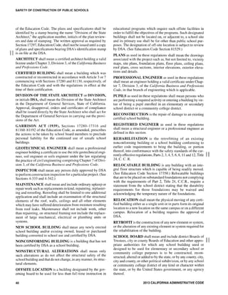 SAFETY OF CONSTRUCTION OF PUBLIC SCHOOLS
of the Education Code. The plans and specifications shall be
identified by a stamp bearing the name "Division of the State
Architect," the application number, initials of the plan review-
ers and date of stamping. The written approval as required by
Section 17297, Education Code, shall not be issued until a copy
of plans and specifications bearing DSA's identification stamp
II is on file at the DSA.
ARCHITECT shall mean a certified architect holding a valid
license under Chapter 3, Division 3, of the California Business
and Professions Code.
CERTIFIED BUILDING shall mean a building which was
constructed or reconstructed in accordance with Article 3 or 7
commencing with Sections 17280 and 81130, respectively, of
the Education Code and with the regulations in effect at the
time of their certification.
DIVISION OF THE STATE ARCHITECT or DIVISION,
or initials DSA, shall mean the Division of the State Architect
in the Department of General Services, State of California.
Approval, disapproval, orders and certificates of compliance
shall be issued directly by the State Architect who shall act for
the Department of General Services in carrying out the provi-
sions of the Act.
GARRISON ACT (1939), Sections 17280-17316 and
81160-81192 of the Education Code, as amended, prescribes
the actions to be taken by school board members to preclude
personal liability for the continued use of unsafe school
buildings.
GEOTECHNICAL ENGINEER shall mean a professional
engineer holding a certificate to use the title geotechnical engi-
neer, soil engineer or soils engineer under the law regulating
the practice of civil engineering comprising Chapter 7 of Divi-
sion 3, of the California Business and Professions Code.
INSPECTOR shall mean any person duly approved by DSA
to perform construction inspection for a particular project. (See
Sections 4-333 and 4-342.)
MAINTENANCE shall mean and include ordinary upkeep or
repair work such as replacements in kind, repainting, replaster-
ing and reroofing. Reroofing shall be limited to one additional
application and shall include an examination of the structural
elements of the roof, walls, ceilings and all other elements
which may have suffered deterioration from moisture resulting
from roof leaks. Maintenance shall not include work, other
than repainting, on structural framing nor include the replace-
ment of large mechanical, electrical or plumbing units or
systems.
NEW SCHOOL BUILDING shall mean any newly erected
school building and/or existing owned, leased or purchased
building converted to school use and certified by DSA.
NONCONFORMING BUILDING is a building that has not
been certified by DSA as a school building.
NONSTRUCTURAL ALTERATIONS shall mean only
such alterations as do not affect the structural safety of the
school building and that do not change, in any manner, its struc-
tural elements.
OFFSITE LOCATION is a building designated by the gov-
erning board to be used for less than full-time instruction in
40
educational programs which require such offsite facilities in
order to fulfill the objectives of the programs. Such designated
buildings shall not be located on, or adjacent to, a school site
and its primary use shall be for other than public school pur-
poses. The designation of off-site location is subject to review
by DSA. (See Education Code Section 81529.)
PLANS as used in these regulations shall mean the drawings
associated with the project such as, but not limited to, vicinity
maps, site plans, foundation plans, f100r plans, ceiling plans,
roof plans, cross sections, interior elevations, exterior eleva-
tions and details.
PROFESSIONAL ENGINEER as used in these regulations
shall mean an engineer holding a valid certificate under Chap-
ter 7, Division 3, of the California Business and Professions
Code, in that branch of engineering which is applicable.
PUPILS as used in these regulations shall mean persons who
are performing a required activity or entering a building by vir-
tue of being a pupil enrolled in an elementary or secondary
school district or a community college district.
RECONSTRUCTION is the repair of damage to an existing
certified school building.
REGISTERED ENGINEER as used in these regulations
shall mean a structural engineer or a professional engineer as
defined in this section.
REHABILITATION is the retrofitting of an existing
nonconforming building or a school building conforming to
earlier code requirements to bring the building, or portion
thereof, into conformance with the safety standards of the cur-
rently effective regulations, Parts 2, 3,4, 5, 6, 8, 11 and 12, Title II
24, C. C. R.
RELOCATABLE BUILDING is any building with an inte-
gral floor structure which is capable of being readily moved.
(See Education Code Section 17350.) Relocatable buildings
that are to be placed on substandard foundations not complying
with the requirements of Part 2, Title 24, C.C.R., require a
statement from the school distIict stating that the durability
requirements for those foundations may be waived and
acknowledging the temporary nature of the foundations.
RELOCATION shall mean the physical moving of any certi-
fied building either as a single unit or in parts form its original
location to a new location on the same campus or on a different
campus. Relocation of a building requires the approval of
DSA.
RETROFIT is the construction of any new element or system,
or the alteration of any existing element or system required for
the rehabilitation of the building.
SCHOOL BOARD shall mean and include district Boards of
Trustees, city or county Boards of Education and other appro- II
priate authorities for which any school building used or
designed to be used for elementary or secondary school or
community college purposes is to be constructed, recon-
structed, altered or added to by the state, or by any county, city,
city and county, or other political subdivision, or by any school
or community college district of any kind or character within
the state, or by the United States government, or any agency
thereof.
2013 CALIFORNIA ADMINISTRAriVE CODE
 