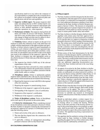 specifications shall in no way relieve the contractor of
any responsibility to complete the work covered by his or
her contract in accordance with the approved plans and
specifications and all laws and regulations.
II 7. Inspector verified report. The project inspector shall
make and submit directly to DSA verified reports (see
Section 4-336). The project inspector shall prepare and
deliver to DSA detailed statements of fact regarding
materials, operations, etc., when requested.
II 8. Performance of duties. The inspector shall perform all
duties and render all services with honesty. Inspectors
who fail to carry out their duties in an ethical manner or
who engage in illegal activities may be subject to disci-
plinary action as defined in Section 4-342(d).
(c) Violations. Failure, refusal or neglect on the part of an
inspector to notify the contractor of any work which does not
comply with the requirements ofthe approved plans and speci-
fications, or failure, refusal or neglect to report immediately, in
writing, any such violation to the architect or registered engi-
neer, to the school board, and to DSA shall constitute a viola-
tion of the Act and shall be cause for DSA to take action which
may result in the withdrawal of the inspector's approval. The
State Architect or designee may take appropriate action as
described in Section 4-342(d) when any ofthe followingcondi-
tions exist:
1. The inspector has failed to fulfill any of the relevant
requirements of this code.
2. The inspector has been convicted of a crime considered
to be substantially related to the qualifications, functions
or duties of an inspector in a manner consistent with the
public health, safety or welfare.
(d) Disciplinary actions. Failure to satisfactorily perform
inspector duties identified in this code may be cause for DSA to
take action(s) which include but are not limited to the following:
II 1. Requiring the inspector to meet with DSA in the regional
office for counseling.
2. Requiring the inspector to attend training classes.
3. Withdrawal of the inspector's approval for the project.
4. Downgrading of the inspector's class of certification.
5. Suspension of the inspector's certification.
6. Withdrawal of the inspector's certification.
(e) Notice of disciplinary actions. Notice of disciplinary
action shall specify the grounds for the actions taken.
(f) Criteria for reinstatement. When considering reversal
of any disciplinary action taken pursuant to Section 4-342(d),
the State Architect or designee evaluating the reinstatement of
an inspector's approval for a project, or certification, may con-
sider the following criteria:
1. Nature and severity of the act(s) or offense(s).
2. The time that has elapsed since the commission of the
act(s) or offense(s).
3. If applicable, evidence of expungement proceedings
pursuant to Section 1203.4 of the Penal Code.
2013 CALIFORNIA ADMINISTRATIVE CODE
SAFETY OF CONSTRUCTION OF PUBLIC SCHOOLS
(g) Filing an appeal.
1. The State Architect or hislher designee has the discretion II
to immediately order that approval of a project inspector
for a project, or certification, be temporarily invalidated
or to seek additional information, pending a final deter-
mination by the State Architect or his/her designee pur-
suant to Section 4-342(c). The decision to temporarily
invalidate approval ofa project inspectorfor a project, or II
certification, will be made on a case by case basis, as nec-
essary to ensure public health, safety and welfare.
2. The State Architect or his/her designee shall provide the
appellant with written notice that their approval for a
project, orcertification, has been temporarily invalidated
as of a specific date or is subject to suspension or denial
pursuant to Section 4-342(d), pending a final determina- II
tion. The written notice shall include the reasons for the
action being taken or investigated, as applicable, and
provide a summary of the facts and allegations. Service
of the written notice of the proposed action shall be con-
firmed by certified mail.
3. Written notice of the final determination by the State
Architect or his/her designee shall be confirmed by cer-
tified mail within 60 days from the initial written notifi-
cation. The time to render hislher determination may be
extended an additional 30 days, as necessary to con-
sider any additional supporting documentation pro-
vided to the State Architect relevant to the issue being
investigated.
4. An appeal of an action by the State Architect or his/her
designee to suspend approval of a project inspector for a II
project, or certification, or to deny renewal of a certifica- II
tion must be filed in writing with DSA within 60 days of
the date posted on the certified service of the written
notice of the final determination from the State Archi-
tect. Unless a hearing is specifically requested as pro-
vided in Section 4-342(g)6 the appeal will be based on an
analysis of the materials available.
5. Within 60 days from the date of receipt of the appeal the
State Architect or hislher designee shaH render hislher
determination on the appeal. The time to render the
determination may be extended an additional 30 days, as
necessary to conclude any research or investigation
required, at the discretion ofthe State Architector hislher
designee.
6. Should an individual submit a written request for a
hearing, the State Architect may designate an appropri-
ate hearing officer to conduct the hearing. Written
notice of the date and time of the hearing and the rea-
sons for the action being taken or investigated, as appli-
cable, shall be provided to the appellant. The hearing
shall be limited in scope to the actions stated in the writ-
ten notice. The appellant may bring a representative of
his/her choice.
7. The appellant shall be notified in writing of the determi-
nation made by State Architect or hislher designee
regarding the appeal. Service of the written notice of the
decision shall be confirmed by certified mail.
59
 