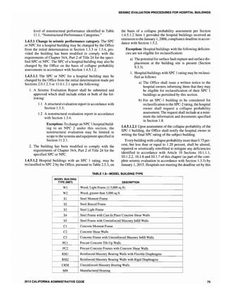 SEISMIC EVALUATION PROCEDURES FOR HOSPITAL BUILDINGS
level of nonstructural performance identified in Table
11.1, "Nonstructural Performance Categories."
1.4.5.1 Cbange in seismic performance category. The SPC
or NPC for a hospital building may be changed by the Office
from the initial determination in Section 1.3.3 or 1.3.4, pro-
vided the building has been modified to comply with the
requirements of Chapter 34A, Part 2 of Title 24 for the speci-
fied SPC or NPC. The SPC of a hospital building may also be
changed by the Office on the basis of collapse probability
assessments in accordance with Section 1.4.5.1.2.
1.4.5.1.1 The SPC or NPC for a hospital building may be
changed by the Office from the initial determination made per
Sections 2.0.1.2.3 or 11.0.1.2.1 upon the following:
1. A Seismic Evaluation Report shall be submitted and
approved which shall include either or both of the fol-
lowing:
1.1 A structural evaluation report in accordance with
Section 1.3.3;
1.2 A nonstructural evaluation report in accordance
with Section 1.3.4.
Exception: To change an NPC 1hospital build-
ing to an NPC 2 under this section, the
nonstructural evaluation may be limited in
scope to the systems and equipment specifiedin
Section 11.2.1.
2. The building has been modified to comply with the
requirements of Chapter 34A, Part 2 of Title 24 for the
specified SPC or NPC.
1.4.5.1.2 Hospital buildings with an SPC 1 rating, may be
reclassified to SPC 2 by the Office, pursuant to Table 2.5.3, on
the basis of a collapse probability assessment per Section
1.4.5.1.2 Item 1 provided the hospital buildings received an
extensionto theJanuary 1,2008, compliancedeadline in accor-
dance with Section 1.5.2.
Exception: Hospital buildings with the following deficien-
cies are not eligible for reclassification:
a) The potentialfor surface fault rupture and surface dis-
placement at the building site is present (Section
9.3.3).
1. Hospital buildings with SPC 1rating may be reclassi-
fied as follows:
a) The Office shall issue a written notice to the
hospital owners informing them that they may
be eligible for reclassification of their SPC 1
buildings as permitted by this section.
b) For an SPC-l building to be considered for
reclassification to the SPC-2rating, the hospital
owner shall request a collapse probability
assessment. The request shall include at a mini-
mum the information and documents specified
in Section 1.8.
1.4.5.1.2.1 Upon assessment of the collapse probability of the
SPC-l building, the Office shall notify the hospital owner in
writing the final SPC rating of the subject building.
Every building with collapse probability more than 0.75 per-
cent, but less than or equal to 1.20 percent, shall be altered,
repaired or seismically retrofitted to mitigate any deficiencies
identified in accordance with Article 10 Sections 10.1.1.1,
10.1.2.2, 10.1.6 and 10.1.7 of this chapter (as part of the com-
plete seismic evaluation in accordance with Section 1.3.3) by
January 1,2015. Hospitals not meeting the deadline set by this
TABLE 1.8-MODEL BUILDING TYPE
MODEL BUILDING
TYPE (MBT) ..,_.............. 'IIVI'I
WI Wood, Light Frame (::;; 5,000 sq ft)
W2 Wood, greater than 5,000 sq ft
SI Steel Moment Frame
S2 Steel Braced Frame
S3 Steel Light Frame
S4 Steel Frame with Cast-In Place Concrete Shear Wal1s
S5 Steel Frame with Unreinforced Masonry Infill Walls
Cl Concrete Moment Frame
C2 Concrete Shear Walls
C3 Concrete Frame with Unreinforced Masonry Infill Walls
PCI Precast Concrete Tilt-Up Walls
PC2 Precast Concrete Frames with Concrete Shear Walls
RMI Reinforced-Masonry Bearing Walls with Flexible Diaphragms
RM2 Reinforced-Masonry Bearing Walls with Rigid Diaphragms
•
URM Unreinforced-Masonry Bearing Walls
MH Manufactured Housing
2013 CALIFORNIA ADMINISTRATIVE CODE 75
 