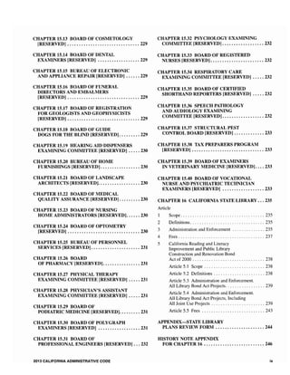 CHAPTER 15.13 BOARD OF COSMETOLOGY
[RESERVED] ............................... 229
CHAPTER 15.14 BOARD OF DENTAL
EXAMINERS [RESERVED] ..••.•..•...•..... 229
CHAPTER 15.15 BUREAU OF ELECTRONIC
AND APPLIANCE REPAIR [RESERVED] ...... 229
CHAPTER 15.16 BOARD OF FUNERAL
DIRECTORS AND EMBALMERS
[RESERVED] ............................... 229
CHAPTER 15.17 BOARD OF REGISTRATION
FOR GEOLOGISTS AND GEOPHYSICISTS
[RESERVED] •.....•.....•......•••......... 229
CHAPTER 15.18 BOARD OF GUIDE
DOGS FOR THE BLIND [RESERVED] ......... 229
CHAPTER 15.19 HEARING AID DISPENSERS
EXAMINING COMMITTEE [RESERVED] ..... 230
CHAPTER 15.20 BUREAU OF HOME
FURNISHINGS [RESERVED] ..........•.•.... 230
CHAPTER 15.21 BOARD OF LANDSCAPE
ARCIDTECTS [RESERVED].......••......... 230
CHAPTER 15.22 BOARD OF MEDICAL
QUALITY ASSURANCE [RESERVED] ........• 230
CHAPTER 15.23 BOARD OF NURSING
HOME ADMINISTRATORS [RESERVED]....•. 230
CHAPTER 15.24 BOARD OF OPTOMETRY
[RESERVED] ............................... 230
CHAPTER 15.25 BUREAU OF PERSONNEL
SERVICES [RESERVED] .........•..•..•..... 231
CHAPTER 15.26 BOARD
OF PHARMACY [RESERVED] ................ 231
CHAPTER 15.27 PHYSICAL THERAPY
EXAMINING COMMITTEE [RESERVED] .••.. 231
CHAPTER 15.28 PHYSICIAN'S ASSISTANT
EXAMINING COMMITTEE [RESERVED] ..•.. 231
CHAPTER 15.29 BOARD OF
PODIATRIC MEDICINE [RESERVED]••••..... 231
CHAPTER 15.30 BOARD OF POLYGRAPH
EXAMINERS [RESERVED] ...•........•....• 231
CHAPTER 15.31 BOARD OF
PROFESSIONAL ENGINEERS [RESERVED] •.. 232
2013 CALIFORNIA ADMINISTRATive CODe
CHAPTER 15.32 PSYCHOLOGY EXAMINING
COMMITTEE [RESERVED] .....•••....•..... 232
CHAPTER 15.33 BOARD OF REGISTERED
NURSES [RESERVED] •...•..•....•....•..•.• 232
CHAPTER 15.34 RESPIRATORY CARE
EXAMINING COMMITTEE [RESERVED] ..... 232
CHAPTER 15.35 BOARD OF CERTIFIED
SHORTHAND REPORTERS [RESERVED] ..... 232
CHAPTER 15.36 SPEECH PATHOLOGY
AND AUDIOLOGY EXAMINING
COMMITTEE [RESERVED] ...........••..... 232
CHAPTER 15.37 STRUCTURAL PEST
CONTROL BOARD [RESERVED] ............. 233
CHAPTER 15.38 TAX PREPARERS PROGRAM
[RESERVED] ••................••.•••....... 233
CHAPTER 15.39 BOARD OF EXAMINERS
IN VETERINARY MEDICINE [RESERVED] •..• 233
CHAPTER 15.40 BOARD OF VOCATIONAL
NURSE AND PSYCHIATRIC TECHNICIAN
EXAMINERS [RESERVED] .............••..• 233
CHAPTER 16 CALIFORNIA STATE LIBRARY •.. 235
Article
Scope .................................... 235
2 Definitions................................ 235
3 Administration and Enforcement .............. 235
4 Fees ..................................... 237
5 California Reading and Literacy
Improvement and Public Library
Construction and Renovation Bond
Act of 2000 ............................... 238
Article 5.1 Scope .......................... 238
Article 5.2 Definitions ...................... 238
Article 5.3 Administration and Enforcement.
All Library Bond Act Projects................. 239
Article 5.4 Administration and Enforcement.
All Library Bond Act Projects, Including
All Joint Use Projects ....................... 239
Article 5.5 Fees ........................... 243
APPENDIX-STATE LIBRARY
PLANS REVIEW FORM •...........•...•.... 244
HISTORY NOTE APPENDIX
FOR CHAPTER 16 ••..••.....•.............• 246
ix
 