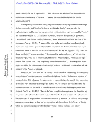 15
1
2
3
4
5
6
7
8
9
10
11
12
13
14
15
16
17
18
19
20
21
22
23
24
25
26
27
28
UnitedStatesDistrictCourt
NorthernDistrictofCalifornia
“there is no way for you to separate out . . . what confusion was because of the name and what
confusion was not because of the name . . . because the control didn’t include the pinning
functionality in it”).
Although the possibility that survey respondents were confused by the fair use of Pintrips’
pin button would by itself justify affording no weight to Dr. Jacoby’s survey results, the
explanations provided by many survey respondents confirm that they were influenced by Pintrips’
fair use of the word pin. As Dr. McDonald explained, “based on the open end[ed questions] . . .
it’s abundantly clear that the pinning functionality was a very meaningful factor for some of the
respondents.” Id. at 1010:3-5. A review of the open-ended answers of purportedly confused
respondents reveals that a great number cited the simple fact that Pintrips permitted users to pin
content as a reason to associate the service with Pinterest. See TX206, Appendix F2 (“it uses the
phrase pin flights,” “because you pin it,” “the pins and the social media aspects,” “the pin trips
statement,” “pin,” “the use of pins to highlight features,” “the use of pins,” “pinning your trips
planned from various sites,” “you are pinning your desired selections”). These responses do not
support the claim that consumers confused Pintrips’ website with Pinterest because of the alleged
similarity of the Pintrips word mark.
Moreover, the Court finds that Dr. Jacoby’s survey cannot be saved simply by disregarding
the confusion of survey respondents who affirmatively listed Pintrips’ pin button as the cause of
their confusion. This is because Dr. Jacoby’s survey was not designed to identify how many other
respondents were influenced by Pintrips’ pin button, but, for whatever reason, did not take the
time to write down the pin button as his or her reason for associating the Pintrips website with
Pinterest. See Tr. at 1010:20-25 (“People don’t say everything in an open end, but they often say
things that are top of mind. I wouldn’t ever want to trust the absence of a particular reference or
description of -- of why someone had made an attribution.”). In short, Dr. Jacoby’s survey design
does not permit the Court to draw any inference about whether—absent the influence of the pin
button and numerous references to the Pintrips website’s pinning features—any survey
Case 3:13-cv-04608-HSG Document 261 Filed 10/21/15 Page 15 of 44
 