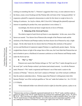 25
1
2
3
4
5
6
7
8
9
10
11
12
13
14
15
16
17
18
19
20
21
22
23
24
25
26
27
28
UnitedStatesDistrictCourt
NorthernDistrictofCalifornia
working on something like that.”). Pinterest’s suggestion that it may, at some unknown time in
the future, create a travel booking tool like Pintrips falls well short of the “strong possibility” of
expansion a plaintiff is required to demonstrate in order for this factor to weigh in favor of a
finding of confusion. See Surfivor Media, 406 F.3d at 634 (“Although [the plaintiff] expressed
interest in expanding his product line, mere speculation is not evidence.”).
Accordingly, this Sleekcraft factor weighs heavily in favor of Pintrips.
9. Balancing of the Sleekcraft Factors
The relative import of each Sleekcraft factor is case-dependent. In this case, most of the
factors are neutral. Two factors favor Pinterest (the strength of the Pinterest mark and the
similarity of the Pinterest and Pintrips marks), but those factors favor Pinterest by only a slight
margin. On the other hand, the two factors that favor Pintrips (the similarity of the parties’
services and likelihood of expansion) support Pintrips to a significantly greater degree. Having
weighed these factors in light of the unique facts of this case, the Court finds that Pinterest has not
met its burden to prove a likelihood of consumer confusion as to the Pinterest and Pintrips marks
under the Sleekcraft test.
B. “Pin” vs. “Pin”
Pinterest next asserts that Pintrips infringes its “Pin” and “Pin it” marks through the use of
the word “pin” on the Pintrips website’s pin button (and related content). As with the Pinterest
mark, Pinterest’s “Pin” mark is registered and Pinterest’s use of that mark is senior to the
existence of Pintrips.3
However, the Court’s analysis of Pintrips’ use of the word pin is different
than the analysis undertaken above. Pintrips argues that Pinterest’s infringement claim fails
because Pintrips’ use of the word pin qualifies as “fair use” under the Lanham Act. See 15 U.S.C.
§ 1115(b)(4).
“If the trademark holder were allowed exclusive rights [to describe a person, a place or an
3
Pinterest does not have a federally registered trademark for its “Pin It” mark, and thus seeks to
enforce its rights to the “Pin It” mark based on its common law trademark rights, if any. Pl. FFCL
¶¶ 14-18. The Court does not address whether Pinterest has a right to prohibit others’ use of the
“Pin It” mark because it finds that Pintrips’ use of the term pin on its pin button qualifies as fair
use, making the existence of Pinterest’s common law right to the term “Pin It” irrelevant.
Case 3:13-cv-04608-HSG Document 261 Filed 10/21/15 Page 25 of 44
 