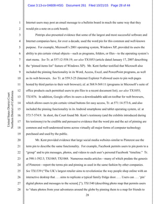 28
1
2
3
4
5
6
7
8
9
10
11
12
13
14
15
16
17
18
19
20
21
22
23
24
25
26
27
28
UnitedStatesDistrictCourt
NorthernDistrictofCalifornia
Internet users may post an email message to a bulletin board in much the same way that they
would pin a note on a cork board).
Pintrips also presented evidence that some of the largest and most successful software and
Internet companies have, for over a decade, used the word pin for this common and well-known
purpose. For example, Microsoft’s 2001 operating system, Windows XP, provided its users the
ability to pin certain virtual objects—such as programs, folders, or files—to the operating system’s
start menu. See Tr. at 557:12-558:19; see also TX1053 (article dated January 17, 2007 describing
the “pinned items list” feature of Windows XP). Mr. Kent further testified that Microsoft also
included the pinning functionality in its Word, Access, Excel, and PowerPoint programs, as well
as its web browsers. See Tr. at 559:3-25 (Internet Explorer 9 allowed users to pin web pages
hosted by third parties to their web browser); id. at 568:9-569:11 (programs in Microsoft’s suite of
office products each permitted users to pin files to a recent document list); see also TX1055;
TX1076. In addition, Google offers its users a downloadable add-on toolbar for web browsers,
which allows users to pin certain virtual buttons for easy access, Tr. at 571:14-573:6, and also
included the pinning functionality in its Android smartphone and tablet operating system, id. at
573:7-574:9. In short, the Court found Mr. Kent’s testimony (and the exhibits introduced during
his testimony) to be credible and persuasive evidence that the word pin and the act of pinning are
common and well-understood terms across virtually all major forms of computer technology
purchased and used by the public.
Mr. Kent provided evidence that large social media websites similar to Pinterest use the
term pin to describe the same functionality. For example, Facebook permits users to pin posts to a
“group” and to pin messages, photos, and videos to each user’s personal Facebook “timeline.” Tr.
at 590:1-592:3; TX1065; TX1068. Numerous media articles—many of which predate the genesis
of Pinterest—report the terms pin and pinning as used in the same fashion by other companies.
See TX1339 (“The UK’s largest retailer aims to revolutionise the way people shop online with an
interactive desktop that . . . aims to replicate a typical family fridge door. . . . Users can . . . ‘pin’
digital photos and messages to the screen[.]”); TX1340 (describing photo map that permits users
to “share photos from your adventures around the globe by pinning them to a map for friends to
Case 3:13-cv-04608-HSG Document 261 Filed 10/21/15 Page 28 of 44
 
