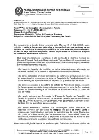 PODER JUDICIÁRIO DO ESTADO DE RONDÔNIA
Porto Velho - Fórum Criminal
Av. Rogé rio Weber, 1928, Centro, 76.801-030
e-mail:
Fl.______
_________________________
Cad.
Documento assinado digitalmente em 23/12/2015 11:21:20 conforme MP nº 2.200-2/2001 de 24/08/2001.
Signatário: RENATO BONIFACIO DE MELO DIAS:1011596
PVH1VEP-17 - Número Verificador: 1501.2013.0111.9911.861737 - Validar em www.tjro.jus.br/adoc
Pág. 1 de 2
CONCLUSÃO
Aos 23 dias do mê s de Dezembro de 2015, faç o estes autos conclusos ao Juiz de Direito Renato Bonifá cio de
Melo Dias. Eu, _________ Vagner Rodrigues Chagas - Escrivã (o) Judicial, escrevi conclusos.
Vara: 1ª Vara de Execuções e Contravenções Penais
Processo: 0011061-64.2013.8.22.0501
Classe: Petição (Criminal)
Requerente: Ministério Público do Estado de Rondônia
Requerido: Juízo da Vara de Execuções e Contravenções Penais
Em cumprimento à decisã o liminar emanada pelo STJ, no HC nº 342.966-RO, assim
redigida, ... defiro a liminar para determinar a transferência dos ora pacientes para o
hospital de custódia e tratamento psiquiátrico ou outro estabelecimento adequado.
Na fata de vaga, até o seu surgimento, devem os pacientes ser submetidos a regime
de tratamento ambulatorial, determino:
Que seja imediatamente esvaziada a ala destinada a doentes mentais da
Unidade Prisional Centro de Ressocializaç ã o Vale do Guaporé e os respectivos
pacientes sejam colocados em hospital de custó dia e tratamento psiquiá trico ou
outro estabelecimento adequado.
Nã o havendo hospital de custó dia ou outro estabelecimento adequado, os
pacientes deverã o ser subetidos a regime de tratamento ambulatorial;
Nã o sendo colocados em local com regime de tratamento ambulatorial, deverã o
ser encaminhados e entregues na sede da Secretaria de Estado de Assistê ncia
Social e entregues à pessoa do titular da pasta ou quem lhe faç a à s vezes.
Nã o sendo encontrado o Secretá rio de Estado de Assistê ncia Social, ou quem
lhe faç a à s vezes, os pacientes deverã o ser entregues na sede da Secretaria de
Estado de Saú de e entregue ao Secretá rio de Estado de Saú de ou quem lhe
faç a à s vezes;
Nã o sendo entregue na Secretaria de Estado de Saú de, ao Secretá rio de
Estado ou quem lhe faç a à s vezes, os pacientes deverã o ser encaminhados à
sede do Governo Estadual, ao Governador, Vice-governador, Secretá rio-Chefe
da Casa Civil ou quem faç a à s vezes deles.
Nã o sendo encontrado nenhum dos personagens acima elencados, os
pacientes deverã o ser colocados no Hospital de Base de Porto Velho e
entregues ao responsá vel em exercí cio, ou quem lhe faç a à s vezes. Mesmo que
nã o queira recebê -los ou ningué m se apresente como responsá vel, devem ser
deixados lá , certificando-se tudo e exortando a necessidade de mantê -los sob
vigilâ ncia permanente e cuidados psiquiá tricos permanentes.
Anoto que a diligê ncia deverá ser realizada pelo Oficial de Justiç a em cará ter de
 