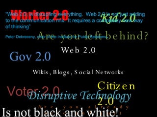 Web 2.0 Wikis, Blogs, Social Networks Gov 2.0 Kid 2.0 Citizen 2.0 Are you already there and just don’t know it? Voter 2.0 Worker 2.0 Disruptive Technology Are you left behind? “ Web 2.0, is disrupting everything.  Web 2.0 is not just adding to the communication mix.  It requires a completely new way of thinking”  Peter Debreceny, chair of the Institute for Public Relations . Is not black and white! 