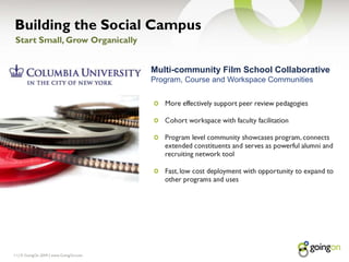 | © GoingOn 2009 | www.GoingOn.com11Building the Social CampusStart Small, Grow OrganicallyAlumni & Recruiting NetworkIncrease recruitments via Mentorship program connects alumni with recruitsImprove retentions via student networking, counseling & resourcesProfessional & job networkingPromote via user-contributed content from alumni, professors, student successMarket continued education and new programs to attract new students or non-degree students