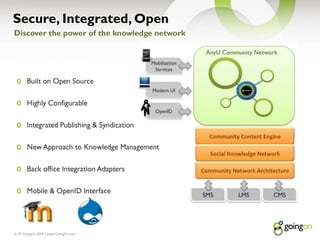 Secure, Integrated, Open| © GoingOn 2009 | www.GoingOn.com6Discover the power of the knowledge networkBuilt on Open SourceHighly ConfigurableIntegrated Publishing & SyndicationNew Approach to Knowledge ManagementBack office Integration AdaptersMobile & OpenID Interface