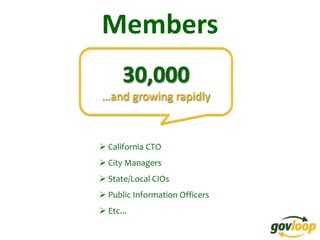 Members
      30,000
…and growing rapidly



 California CTO
 City Managers
 State/Local CIOs
 Public Information Officers
 Etc...
 