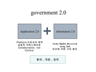 government 2.0 Platform 으로서의 정부 상호적 커뮤니케이션 Collaboration, not Control Some Rights Reserved Long Tail 민간에 의한 가치 창조 Applicat...