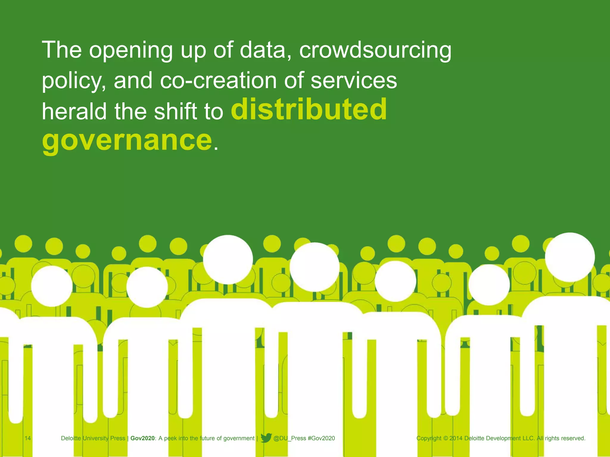 14 Deloitte University Press | Gov2020: A peek into the future of government | @DU_Press #Gov2020 Copyright © 2014 Deloitte Development LLC. All rights reserved. 
The opening up of data, crowdsourcing policy, and co-creation of services herald the shift to distributed governance. 
14 
Deloitte University Press | Gov2020: A peek into the future of government | @DU_Press #Gov2020 
Copyright © 2014 Deloitte Development LLC. All rights reserved.  