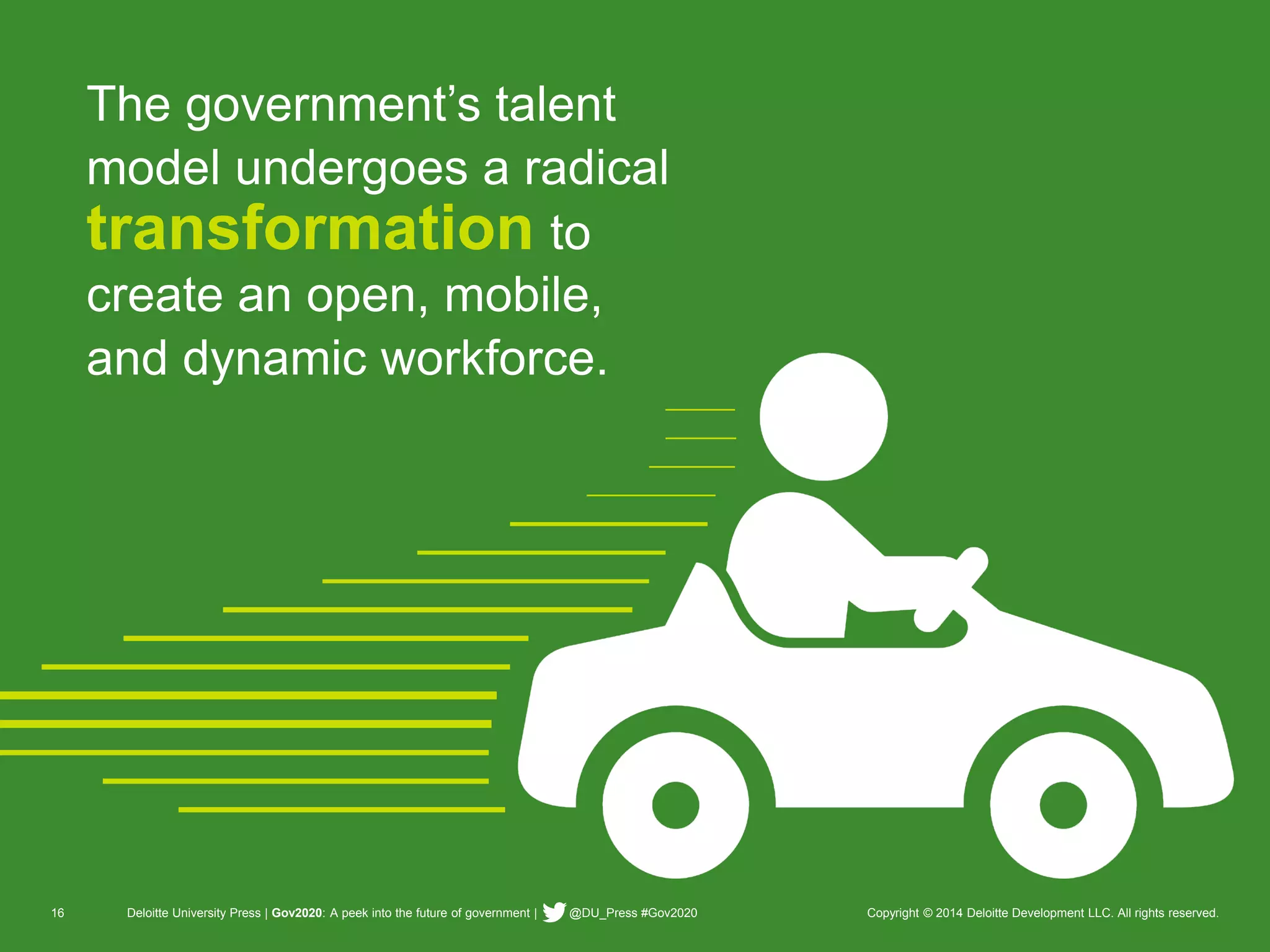 16 Deloitte University Press | Gov2020: A peek into the future of government | @DU_Press #Gov2020 Copyright © 2014 Deloitte Development LLC. All rights reserved. 
The government’s talent model undergoes a radical transformationto create an open, mobile, and dynamic workforce.  