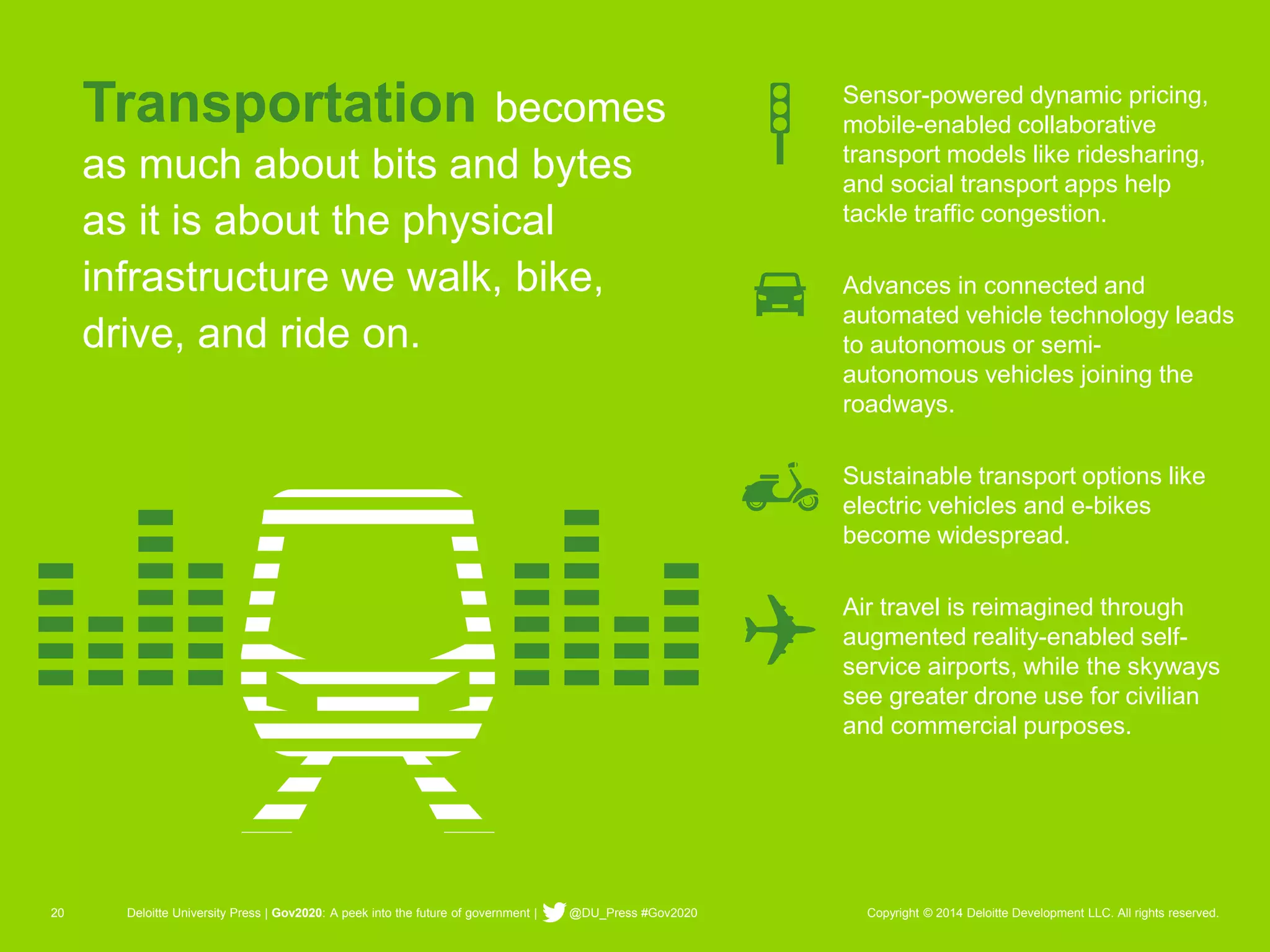 20 Deloitte University Press | Gov2020: A peek into the future of government | @DU_Press #Gov2020 Copyright © 2014 Deloitte Development LLC. All rights reserved. 
Transportationbecomes as much about bits and bytes as it is about the physical infrastructure we walk, bike, drive, and ride on. 
Sensor-powered dynamic pricing, mobile-enabled collaborative transport models like ridesharing, and social transport apps help tackle traffic congestion. 
Advances in connected and automated vehicle technology leads to autonomous or semi- autonomous vehicles joining the roadways. 
Sustainable transport options like electric vehicles and e-bikes become widespread. 
Air travel is reimagined through augmented reality-enabled self- service airports, while the skyways see greater drone use for civilian and commercial purposes.  