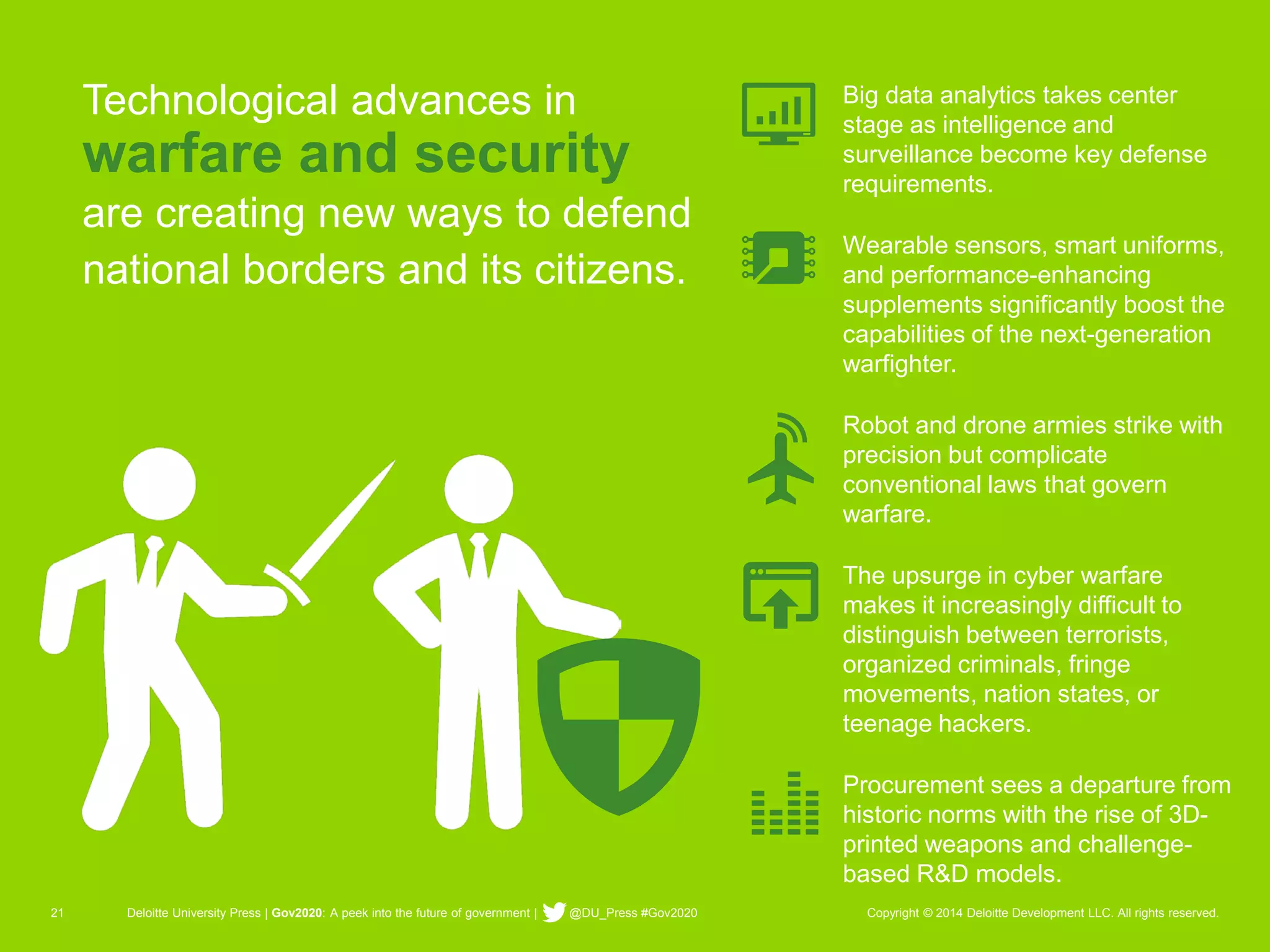 21 Deloitte University Press | Gov2020: A peek into the future of government | @DU_Press #Gov2020 Copyright © 2014 Deloitte Development LLC. All rights reserved. 
Technological advances in warfare and security are creating new ways to defend national borders and its citizens. 
Big data analytics takes center stage as intelligence and surveillance become key defense requirements. 
Wearable sensors, smart uniforms, and performance-enhancing supplements significantly boost the capabilities of the next-generation warfighter. 
Robot and drone armies strike with precision but complicate conventional laws that govern warfare. 
The upsurge in cyber warfare makes it increasingly difficult to distinguish between terrorists, organized criminals, fringe movements, nation states, or teenage hackers. 
Procurement sees a departure from historic norms with the rise of 3D- printed weapons and challenge- based R&D models.  