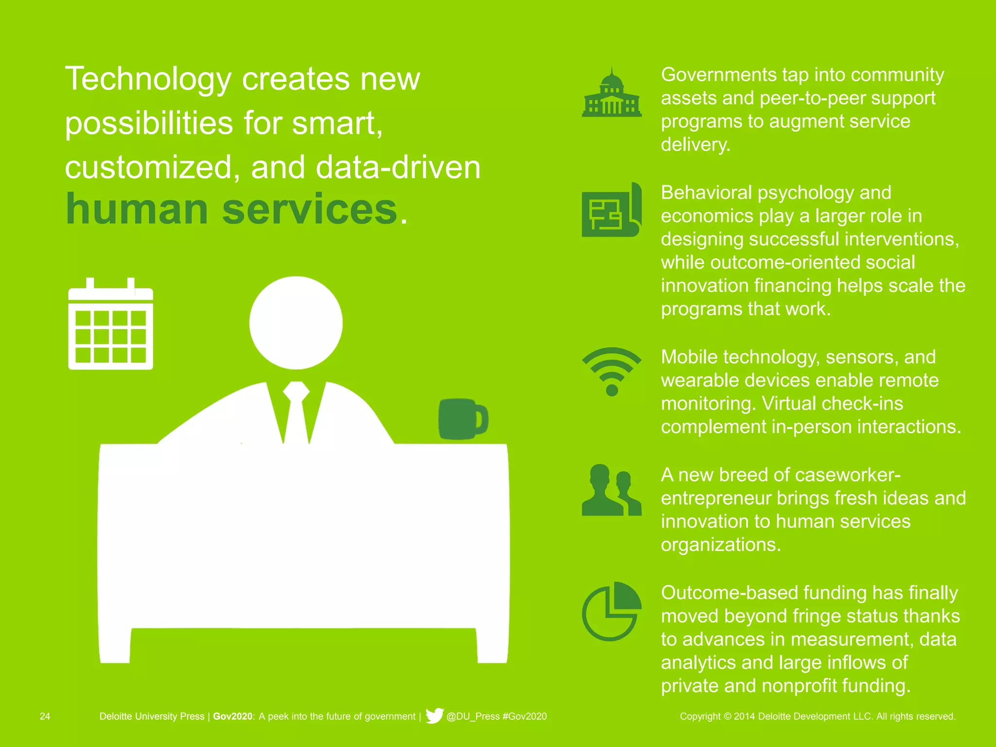 24 Deloitte University Press | Gov2020: A peek into the future of government | @DU_Press #Gov2020 Copyright © 2014 Deloitte Development LLC. All rights reserved. 
Technology creates new possibilities for smart, customized, and data-driven human services. 
Deloitte University Press | Gov2020: A peek into the future of g 
Governments tap into community assets and peer-to-peer support programs to augment service delivery. 
Behavioral psychology and economics play a larger role in designing successful interventions, while outcome-oriented social innovation financing helps scale the programs that work. 
Mobile technology, sensors, and wearable devices enable remote monitoring. Virtual check-ins complement in-person interactions. 
A new breed of caseworker- entrepreneur brings fresh ideas and innovation to human services organizations. 
Outcome-based funding has finally moved beyond fringe status thanks to advances in measurement, data analytics and large inflows of private and nonprofit funding.  