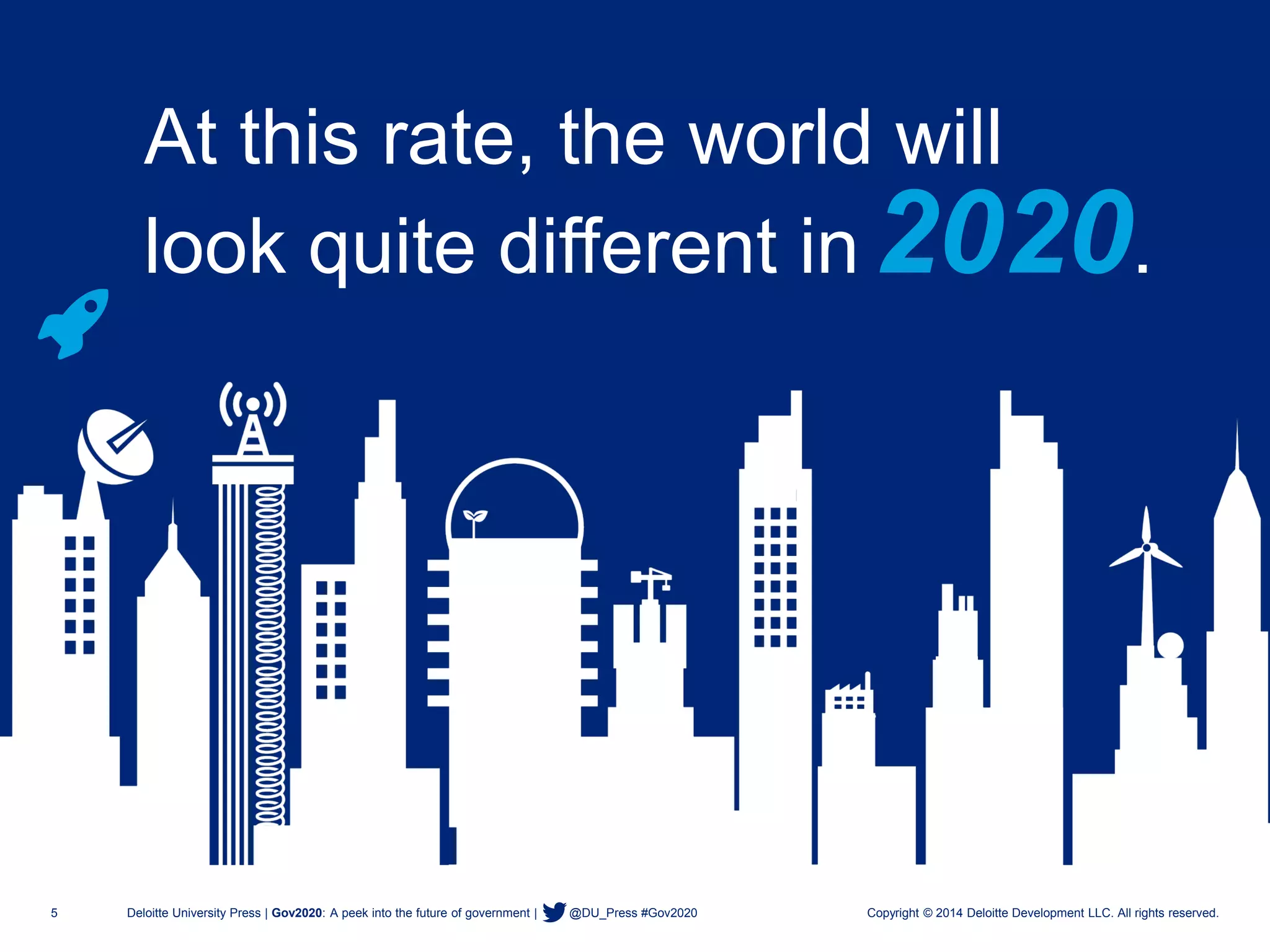 5 Deloitte University Press | Gov2020: A peek into the future of government | @DU_Press #Gov2020 Copyright © 2014 Deloitte Development LLC. All rights reserved. 
At this rate, the world will 
2020. 
5 
Deloitte University Press | Gov2020: A peek into the future of government | @DU_Press #Gov2020 
Copyright © 2014 Deloitte Development LLC. All rights reserved. 
look quite different in  
