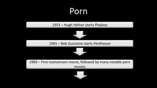 Porn
             1953 – Hugh Hefner starts Playboy



           1965 – Bob Guccione starts Penthouse



1969 – First mainstream movie, followed by many notable porn
                          movies
 