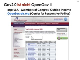 18


Gov2.0 ist nicht OpenGov II
 Bsp: USA - Members of Congres: Outside Income
 OpenSecrets.org (Center for Responsive Politics)
 