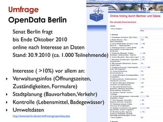9

    Umfrage
    OpenData Berlin
     Senat Berlin fragt
     bis Ende Oktober 2010
     online nach Interesse an Daten
     Stand: 30.9.2010 (ca. 1.000 Teilnehmende)

     Interesse ( >10%) vor allem an:
‣    Verwaltungsinfos (Öffnungszeiten,
     Zuständigkeiten, Formulare)
‣    Stadtplanung (Bauvorhaben,Verkehr)
‣    Kontrolle (Lebensmittel, Badegewässer)
‣    Umweltdaten
     http://www.berlin.de/sen/wtf/voting/opendata.php
 