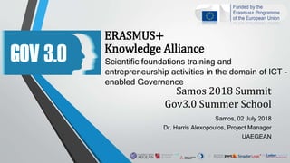 ERASMUS+
Knowledge Alliance
Scientific foundations training and
entrepreneurship activities in the domain of ICT –
enabled Governance
Samos 2018 Summit
Gov3.0 Summer School
Samos, 02 July 2018
Dr. Harris Alexopoulos, Project Manager
UAEGEAN
 