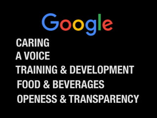 CARING
A VOICE
TRAINING & DEVELOPMENT
FOOD & BEVERAGES
OPENESS & TRANSPARENCY