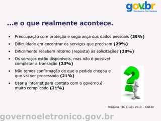 ...e o que realmente acontece.

 •   Preocupação com proteção e segurança dos dados pessoais (39%)
 •   Dificuldade em encontrar os serviços que precisam (29%)
 •   Dificilmente recebem retorno (reposta) às solicitações (28%)
 •   Os serviços estão disponíveis, mas não é possível
     completar a transação (23%)
 •   Não temos confirmação de que o pedido chegou e
     que vai ser processado (21%)
 •   Usar a internet para contato com o governo é
     muito complicado (21%)



                                                    Pesquisa TIC e-Gov 2010 – CGI.br



governoeletronico.gov.br
 