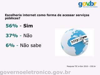 Escolheria internet como forma de acessar serviços
 públicos?

 56% - Sim

 37% - Não

 6% - Não sabe



                                     Pesquisa TIC e-Gov 2010 – CGI.br



governoeletronico.gov.br
 