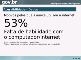 Acessibilidade - Dados

Motivos pelos quais nunca utilizou a internet


53%
Falta de habilidade com
o computador/internet
Fonte: Pesquisa TIC Domicílios 2009 –CGI.br
Pessoas que nunca acessaram a internet, mas usaram um computador




                                                                   20 de 44
 