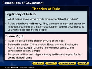 Divine Right Ruler is believed to be chosen by God or the gods Believed in ancient China, ancient Egypt, the Inca Empire, the Roman Empire, Japan until the mid-twentieth century, and seventeenth-century Europe European political and religious theory by Bossuet argued for the  divine right of kings Legitimacy of Rulers  What makes some forms of rule more acceptable than others? Rulers often have  legitimacy . They are seen as right and proper by important segments of a nation’s population, so their governance is voluntarily accepted by the people. Theories of Rule 