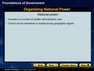National power Consists of a number of smaller administrative units Control can be centralized or spread across geographic regions Organizing National Power 