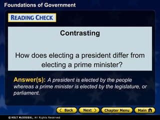 Contrasting How does electing a president differ from electing a prime minister? Answer(s):   A president is elected by the people whereas a prime minister is elected by the legislature, or parliament. 