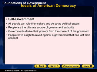 Ideals of American Democracy Self-Government  All people can rule themselves and do so as political equals People are the ultimate source of government authority Governments derive their powers from the consent of the governed People have a right to revolt against a government that has lost their consent  