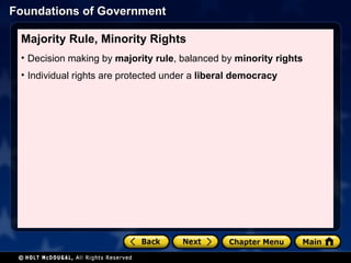 Majority Rule, Minority Rights Decision making by  majority rule , balanced by  minority rights Individual rights are protected under a  liberal democracy 