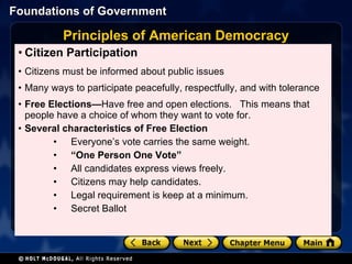 Principles of American Democracy Citizen Participation Citizens must be informed about public issues Many ways to participate peacefully, respectfully, and with tolerance Free Elections— Have free and open elections.  This means that people have a choice of whom they want to vote for.  Several characteristics of Free Election Everyone’s vote carries the same weight.  “ One Person One Vote” All candidates express views freely. Citizens may help candidates. Legal requirement is keep at a minimum. Secret Ballot 