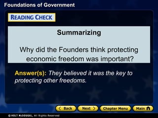 Summarizing Why did the Founders think protecting economic freedom was important?  Answer(s):   They believed it was the key to protecting other freedoms. 