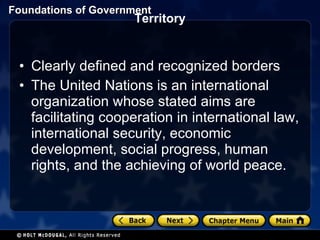 Territory Clearly defined and recognized borders The United Nations is an international organization whose stated aims are facilitating cooperation in international law, international security, economic development, social progress, human rights, and the achieving of world peace. 