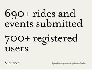 690+ rides and
events submitted
700+ registered
users
StephenLandau/@stlandau&@substance/PartTwo
 