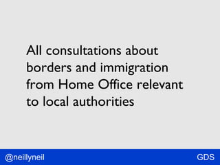 All consultations about
borders and immigration
from Home Office relevant
to local authorities

@neillyneil

GDS

 