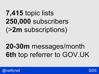 7,415 topic lists
250,000 subscribers
(>2m subscriptions)
20-30m messages/month
6th top referrer to GOV.UK
@neillyneil

GDS

 
