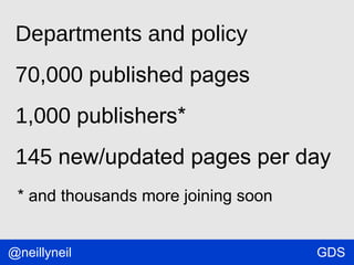 Departments and policy
70,000 published pages
1,000 publishers*
145 new/updated pages per day
* and thousands more joining soon
@neillyneil

GDS

 
