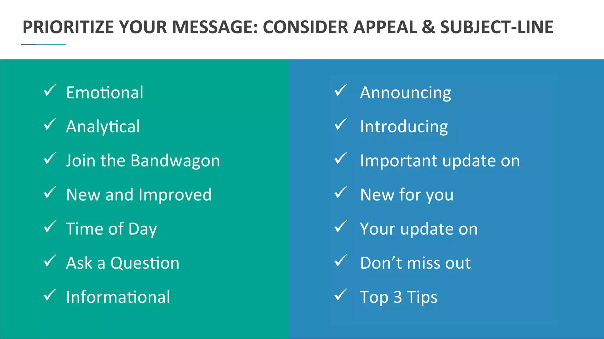 21	
  
PRIORITIZE	
  YOUR	
  MESSAGE:	
  CONSIDER	
  APPEAL	
  &	
  SUBJECT-­‐LINE	
  
ü  Emo)onal	
  	
  
ü  Analy)cal	
  	
  
ü  Join	
  the	
  Bandwagon	
  	
  
ü  New	
  and	
  Improved	
  	
  
ü  Time	
  of	
  Day	
  	
  
ü  Ask	
  a	
  Ques)on	
  	
  
ü  Informa)onal	
  
ü  Announcing	
  	
  
ü  Introducing	
  	
  
ü  Important	
  update	
  on	
  	
  
ü  New	
  for	
  you	
  	
  
ü  Your	
  update	
  on	
  	
  
ü  Don’t	
  miss	
  out	
  	
  
ü  Top	
  3	
  Tips	
  
 