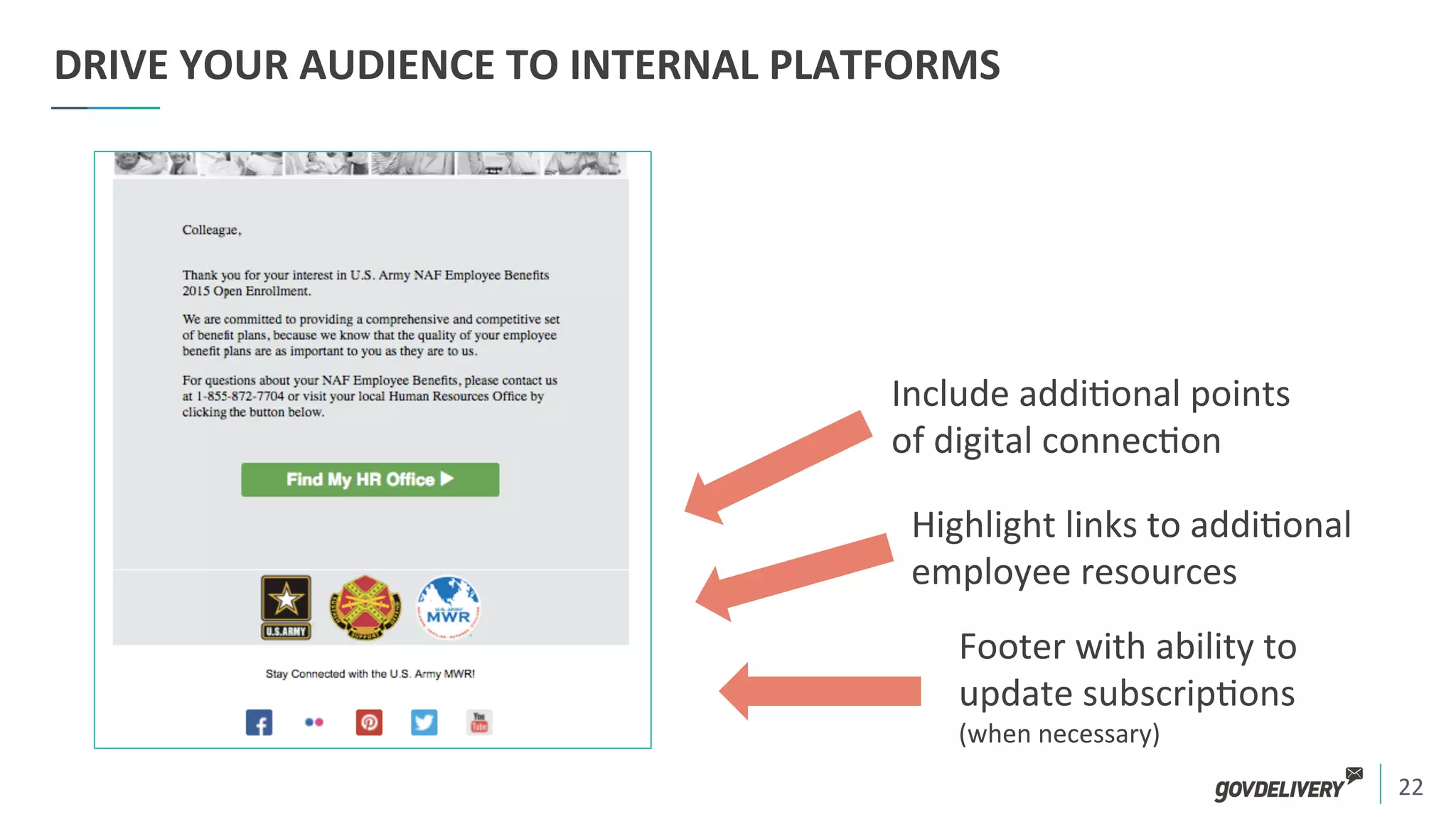 22	
  
DRIVE	
  YOUR	
  AUDIENCE	
  TO	
  INTERNAL	
  PLATFORMS	
  
Include	
  addi)onal	
  points	
  
of	
  digital	
  connec)on	
  
Footer	
  with	
  ability	
  to	
  	
  
update	
  subscrip)ons	
  
(when	
  necessary)	
  
Highlight	
  links	
  to	
  addi)onal	
  
employee	
  resources	
  	
  
 