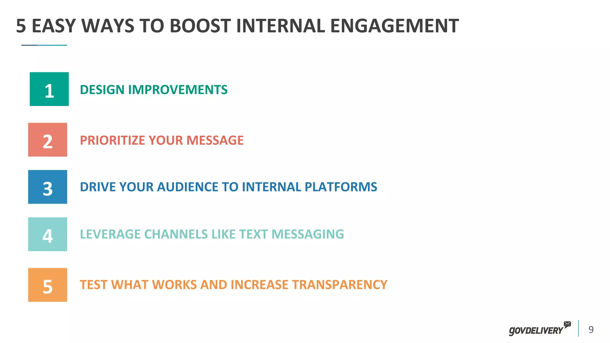 9	
  
5	
  EASY	
  WAYS	
  TO	
  BOOST	
  INTERNAL	
  ENGAGEMENT	
  	
  	
  
1	
  
2	
  
3	
  
4	
  
5	
  
LEVERAGE	
  CHANNELS	
  LIKE	
  TEXT	
  MESSAGING	
  
TEST	
  WHAT	
  WORKS	
  AND	
  INCREASE	
  TRANSPARENCY	
  
DESIGN	
  IMPROVEMENTS	
  
PRIORITIZE	
  YOUR	
  MESSAGE	
  
DRIVE	
  YOUR	
  AUDIENCE	
  TO	
  INTERNAL	
  PLATFORMS	
  
 