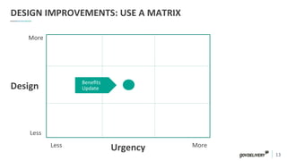 13	
  
DESIGN	
  IMPROVEMENTS:	
  USE	
  A	
  MATRIX	
  
Urgency	
  
Design	
  
More	
  
Less	
  
Less	
   More	
  
Beneﬁts	
  
Update	
  
 