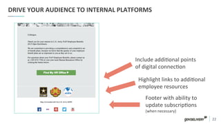 22	
  
DRIVE	
  YOUR	
  AUDIENCE	
  TO	
  INTERNAL	
  PLATFORMS	
  
Include	
  addi)onal	
  points	
  
of	
  digital	
  connec)on	
  
Footer	
  with	
  ability	
  to	
  	
  
update	
  subscrip)ons	
  
(when	
  necessary)	
  
Highlight	
  links	
  to	
  addi)onal	
  
employee	
  resources	
  	
  
 