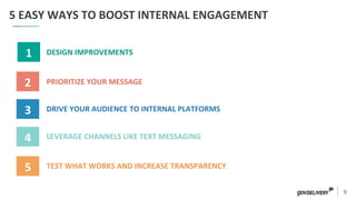 9	
  
5	
  EASY	
  WAYS	
  TO	
  BOOST	
  INTERNAL	
  ENGAGEMENT	
  	
  	
  
1	
  
2	
  
3	
  
4	
  
5	
  
LEVERAGE	
  CHANNELS	
  LIKE	
  TEXT	
  MESSAGING	
  
TEST	
  WHAT	
  WORKS	
  AND	
  INCREASE	
  TRANSPARENCY	
  
DESIGN	
  IMPROVEMENTS	
  
PRIORITIZE	
  YOUR	
  MESSAGE	
  
DRIVE	
  YOUR	
  AUDIENCE	
  TO	
  INTERNAL	
  PLATFORMS	
  
 