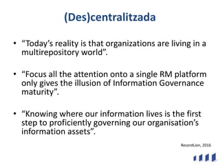 (Des)centralitzada
• “Today’s reality is that organizations are living in a
multirepository world”.
• “Focus all the atten...