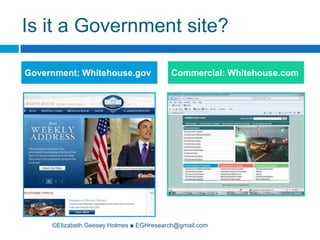 Is it a Government site?©Elizabeth Geesey Holmes ■ EGHresearch@gmail.comGovernment: Whitehouse.govCommercial: Whitehouse.com